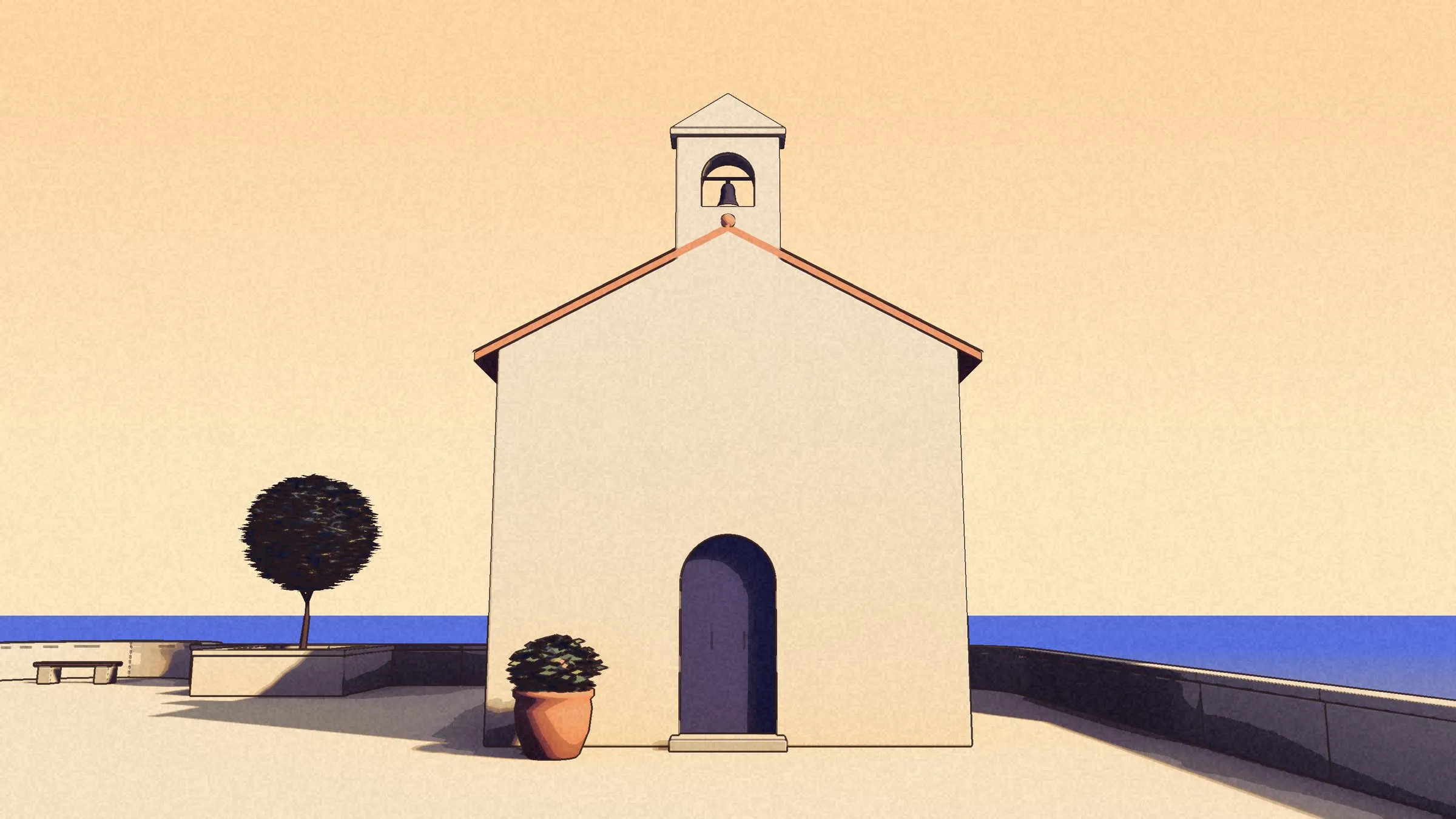 The chapel front with its bell, arched door and a pot of leaves.