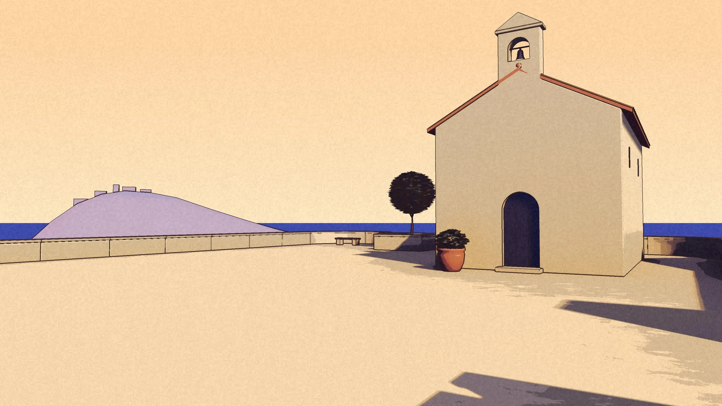 The church square: a small white chapel with a bell gable and a navy arched door, a round tree, the headland across the bay.