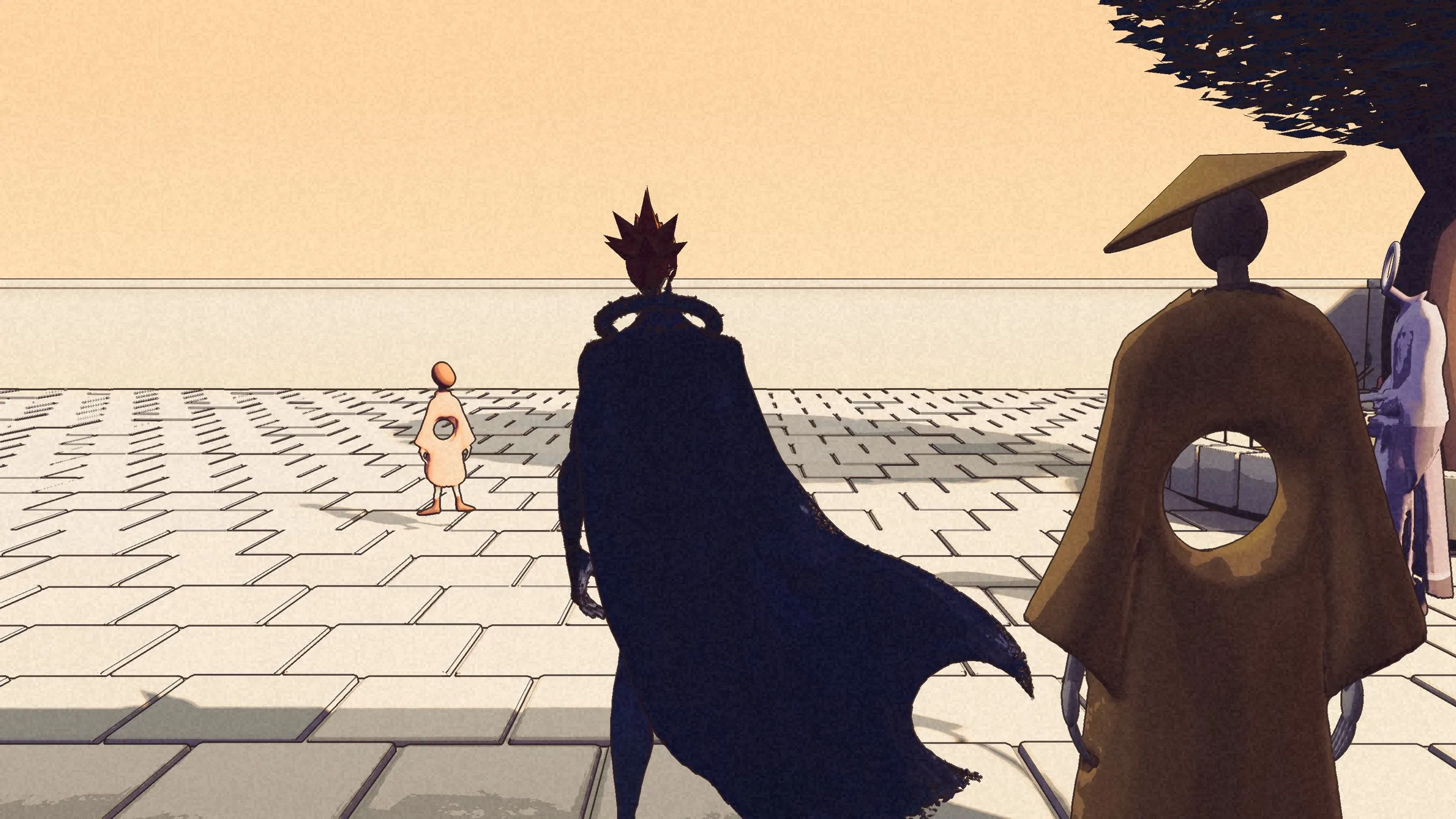Kai from behind in the courtyard, his cape blowing.
