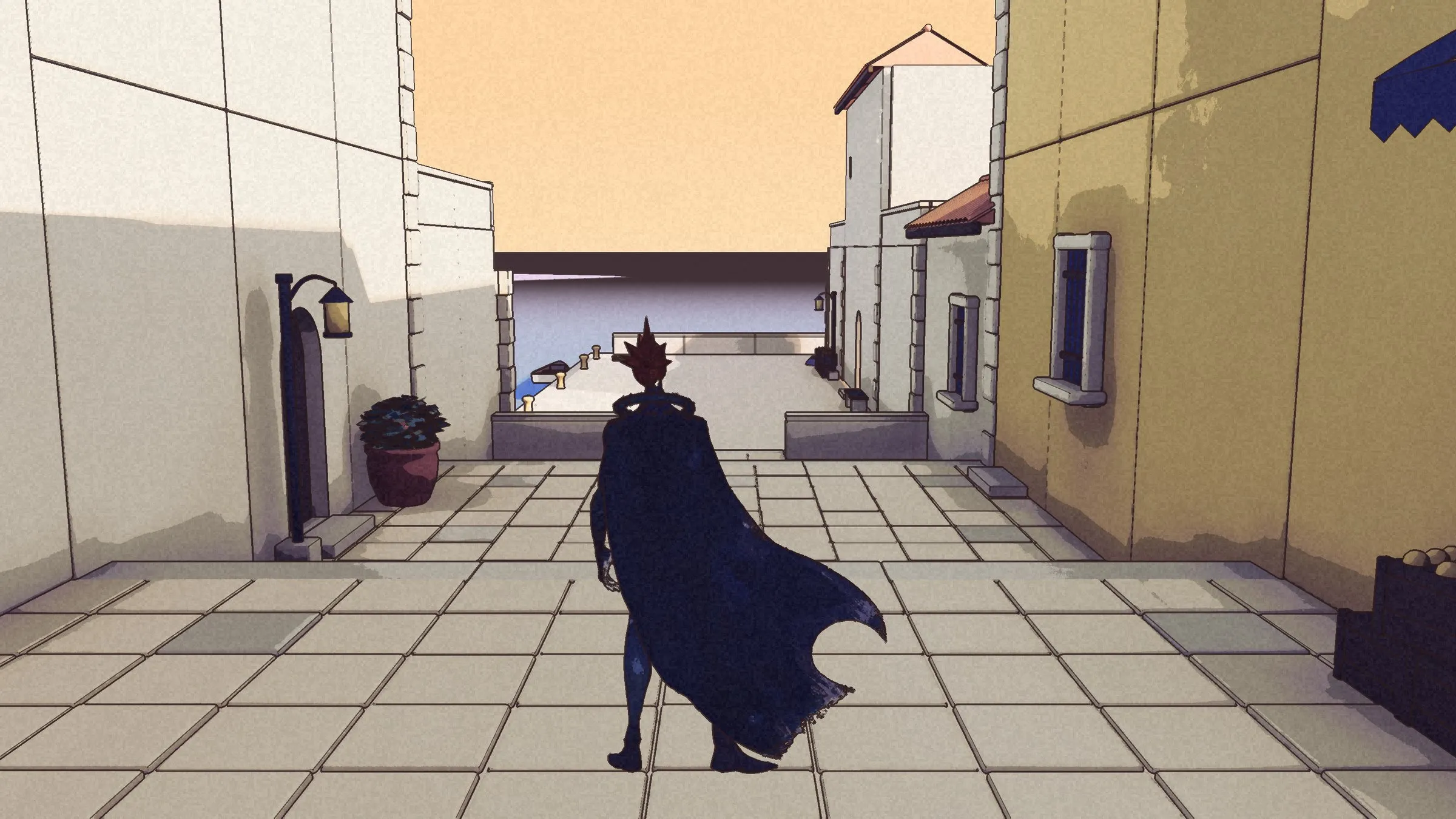 Kai walking down the lane toward the sea.