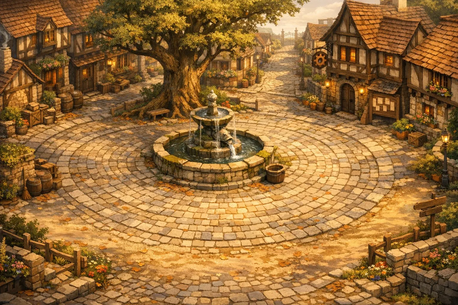 Pixel-art village square with a fountain and a large tree, from the browser game.