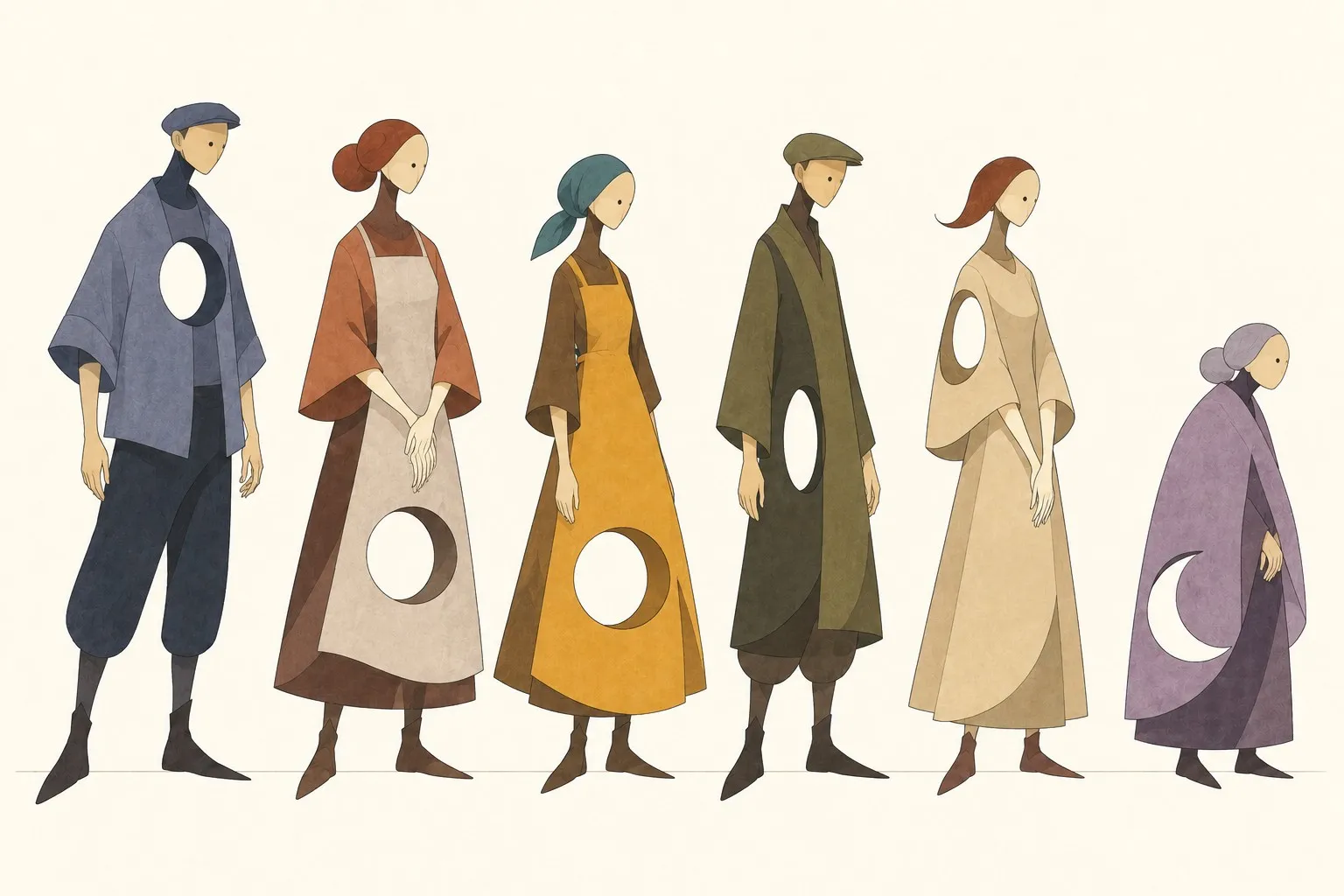 The second lineup drawing: Sal, Rowan, Frida, Tom, Anna and Grandmother Edith.