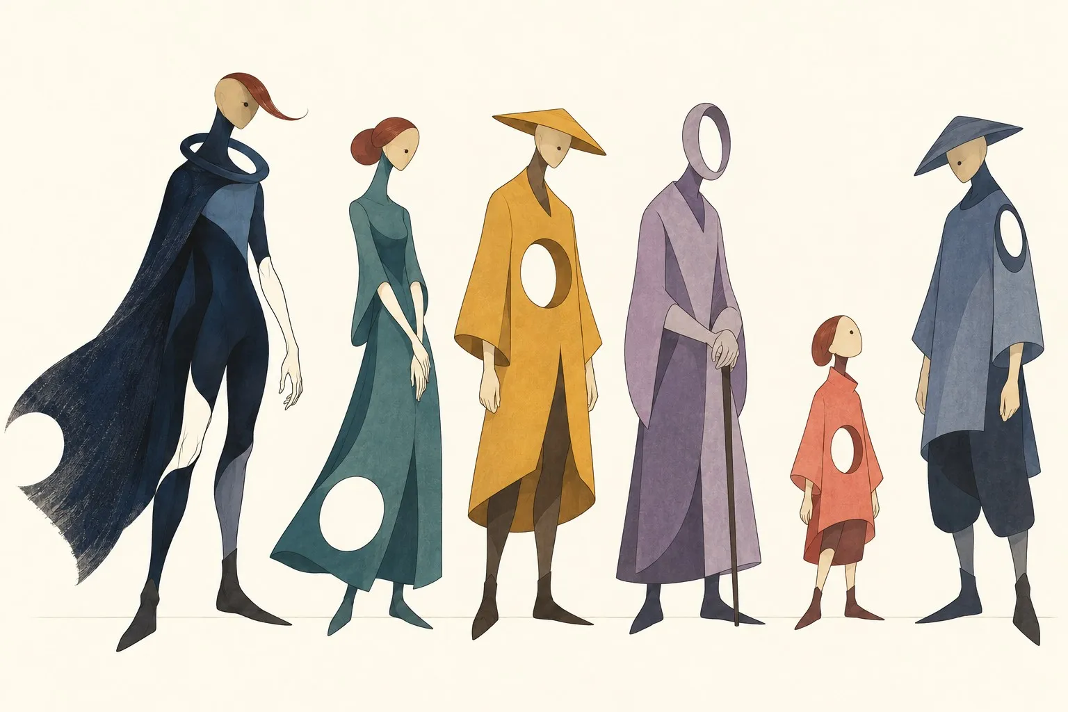 Lineup drawing of six figures: Kai in a navy cape, a woman in teal, a shopkeeper in yellow with a cone hat, an old man in violet with a ring head, a child in coral, a fisherman in blue.