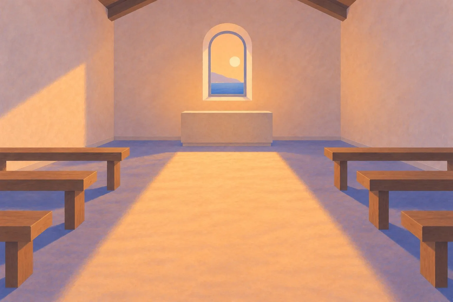 Painting of a small chapel interior with a dim doorway.