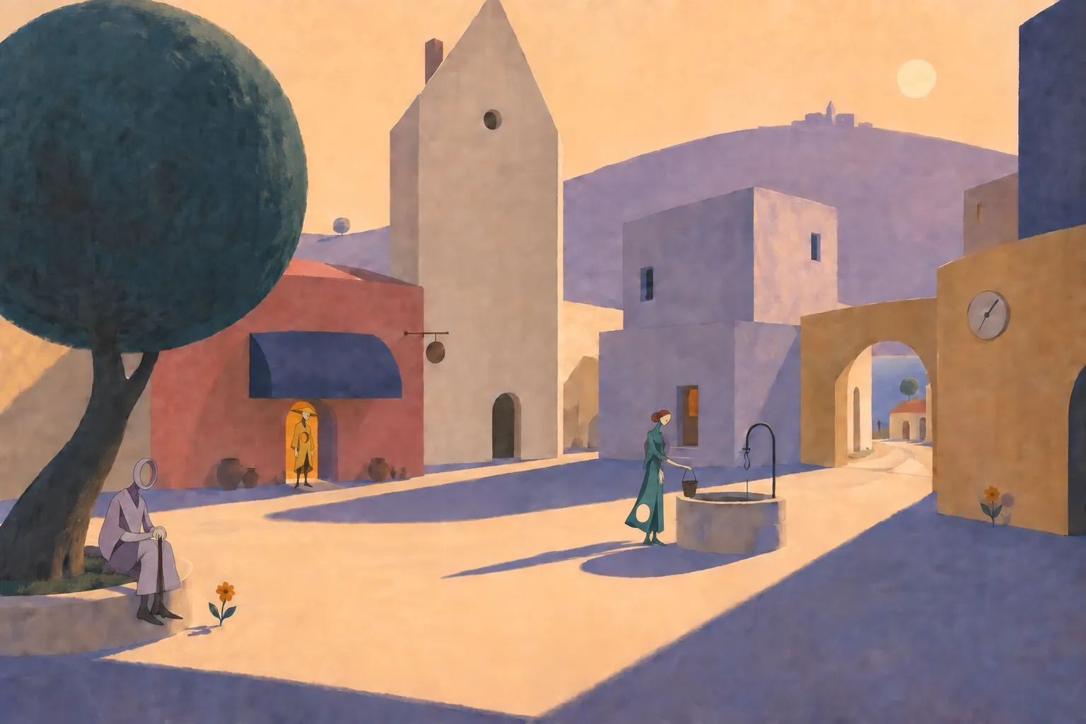 Painting of the courtyard: a round teal tree, a tall pale tower, a rose shop with a blue awning, a well, a yellow arch with a clock, and hills behind.
