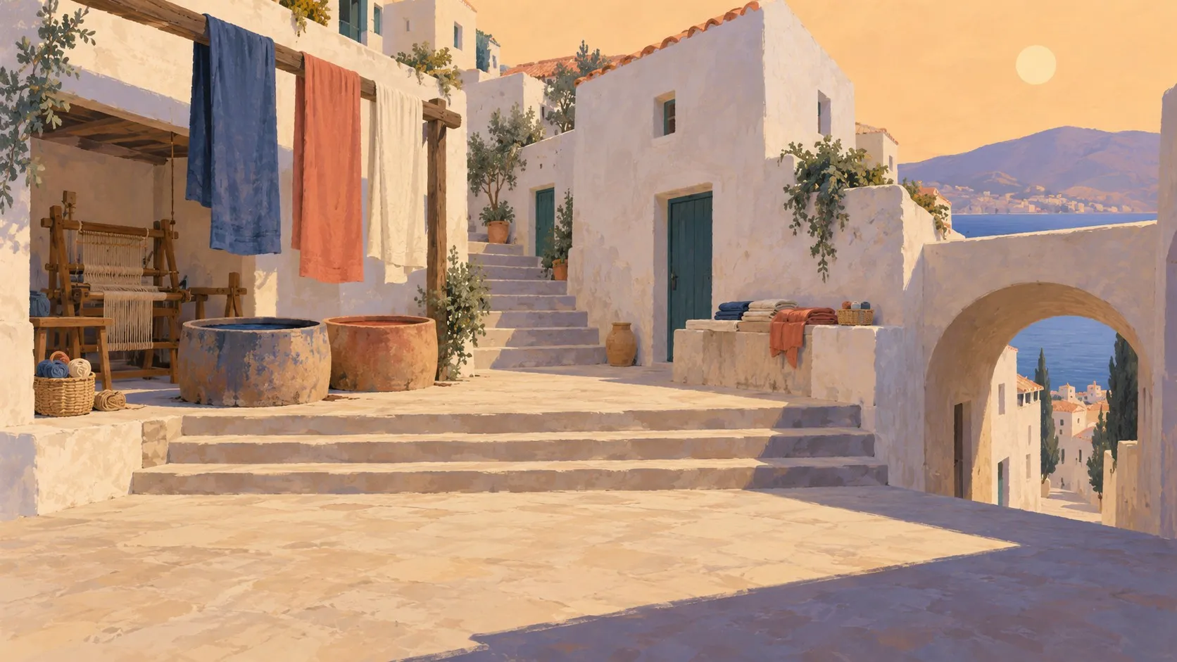 Concept painting of a stepped courtyard hung with dyed cloth.