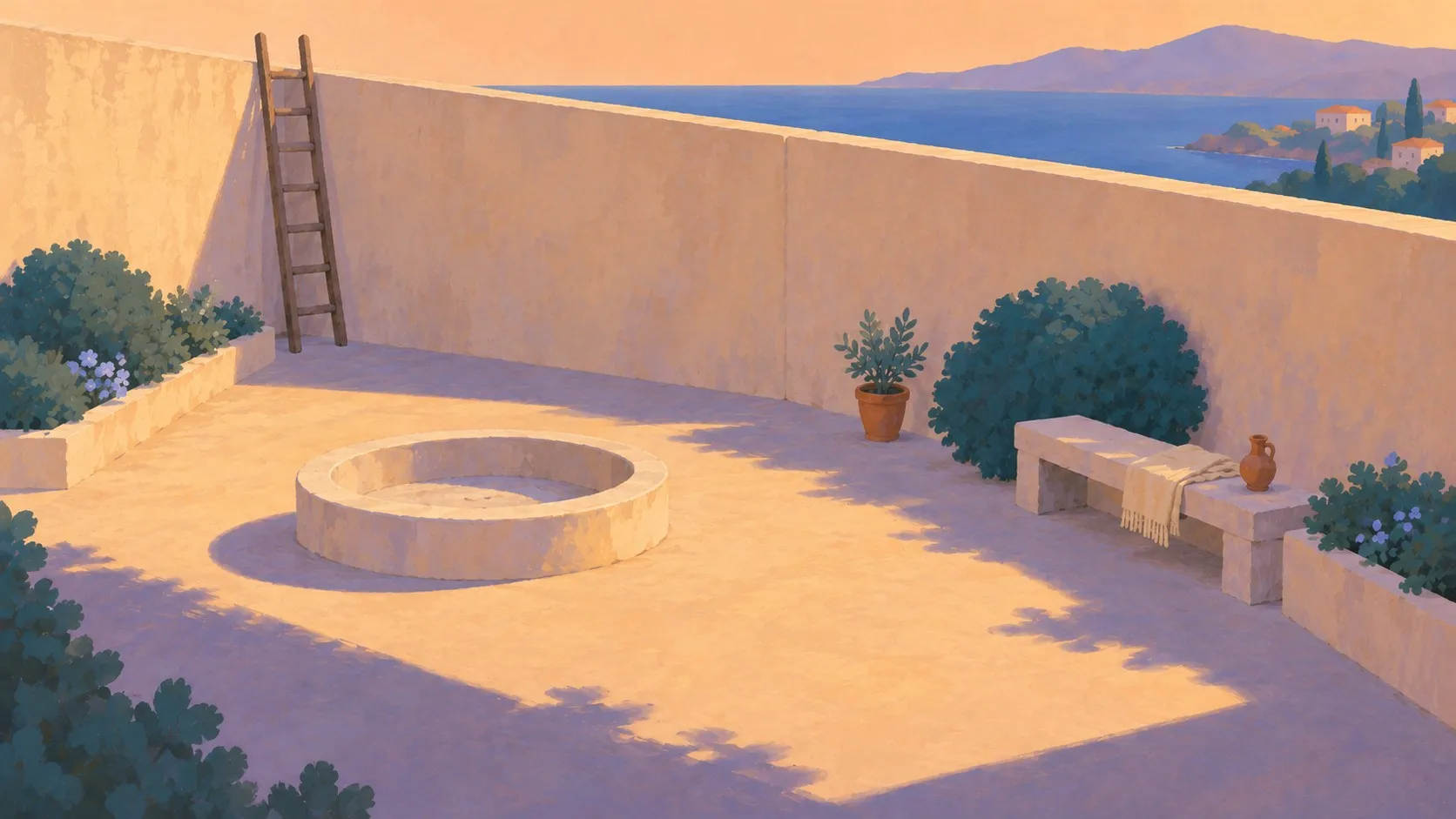 Concept painting of a walled garden with a still pool.