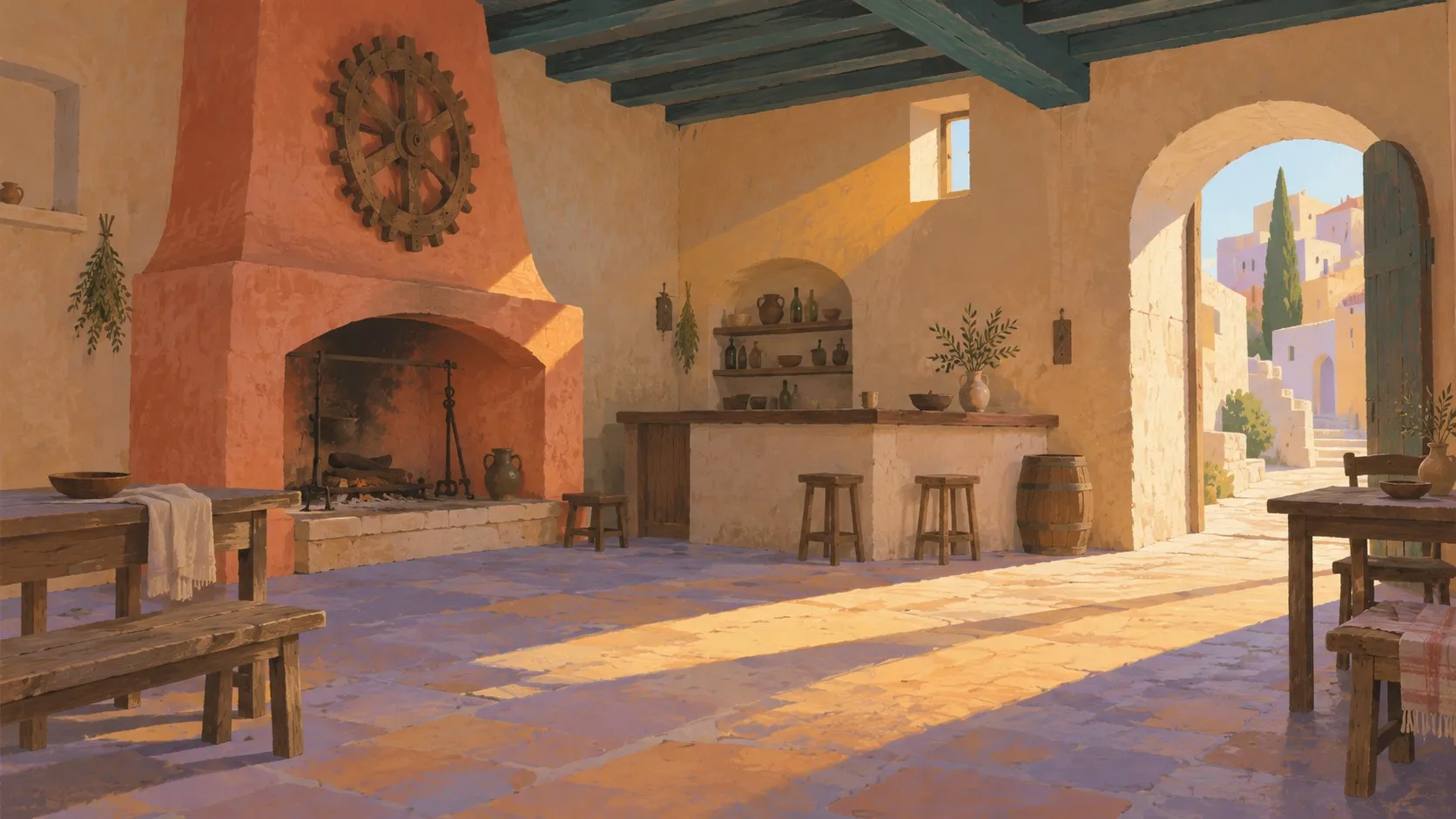 Concept painting of a tavern interior with a coral hearth and a round cog above it.