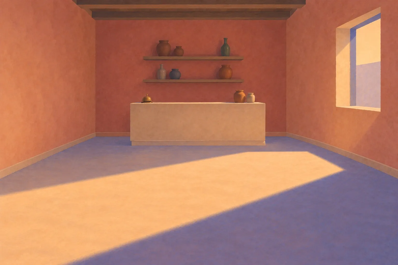 Painting of a shop interior with shelves of pots and a lit doorway.