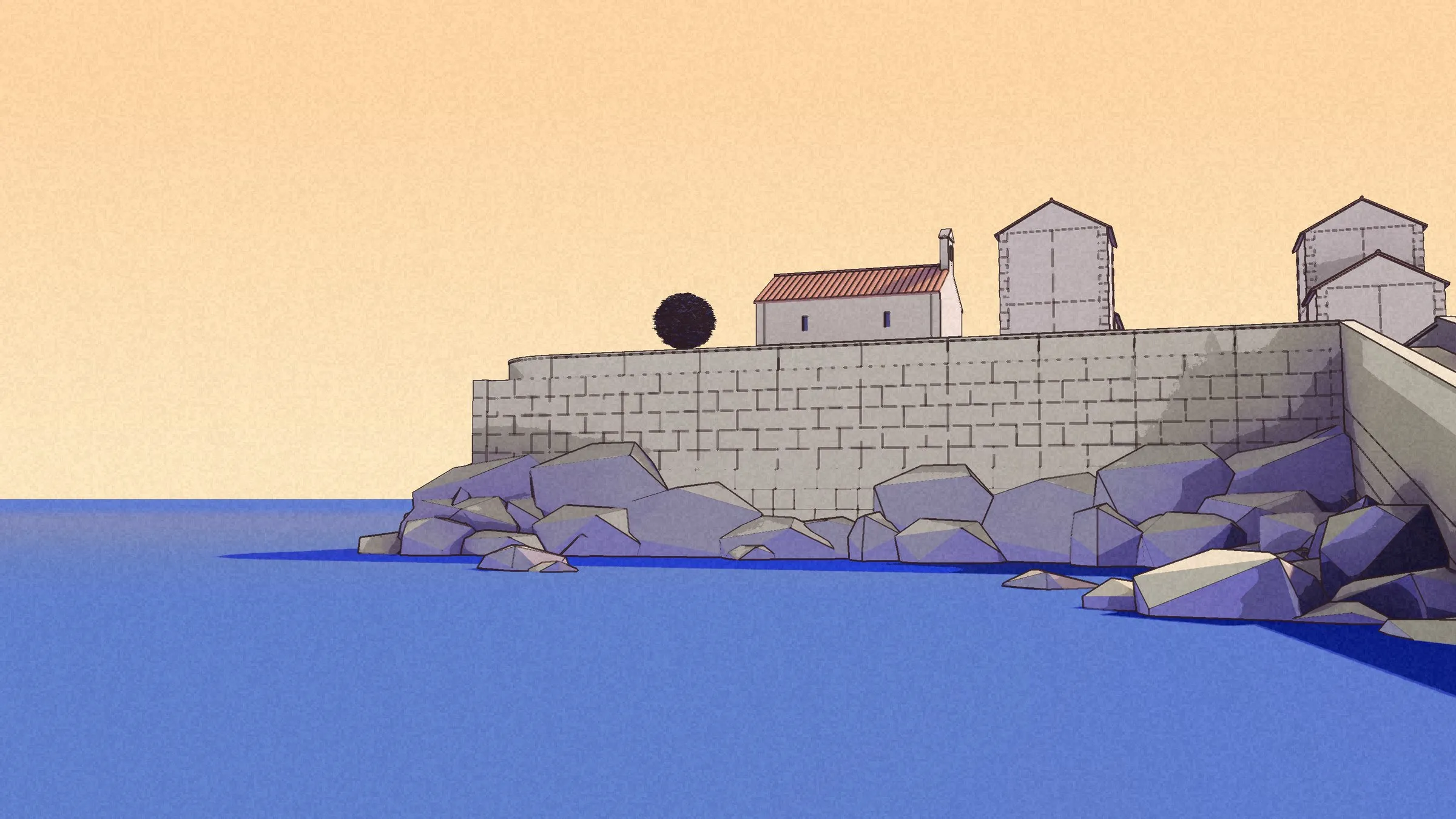 The church terrace on its sea wall, rocks at the waterline, the chapel and village houses above.