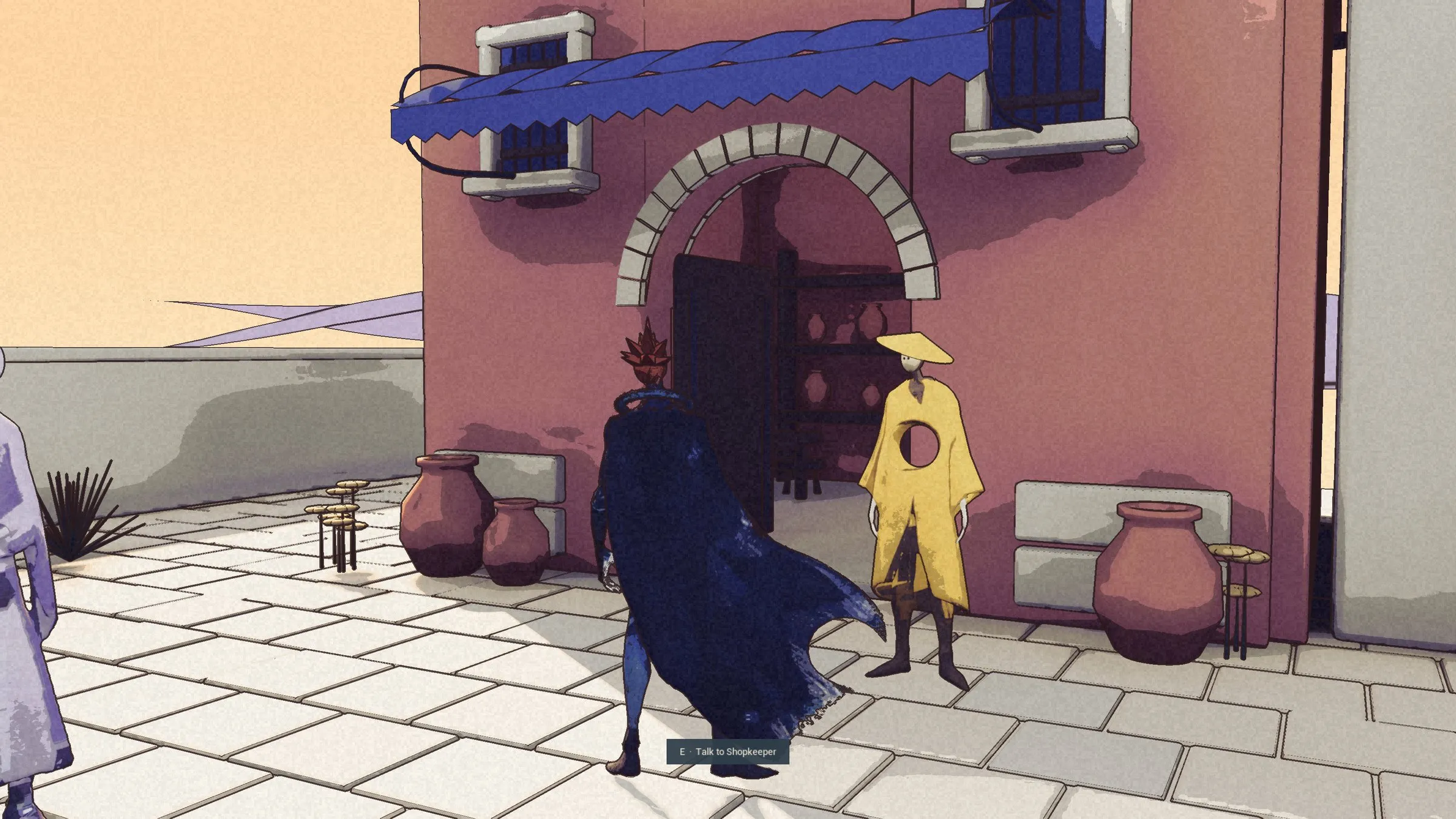 Kai and the Shopkeeper at the shop corner under the blue awning.