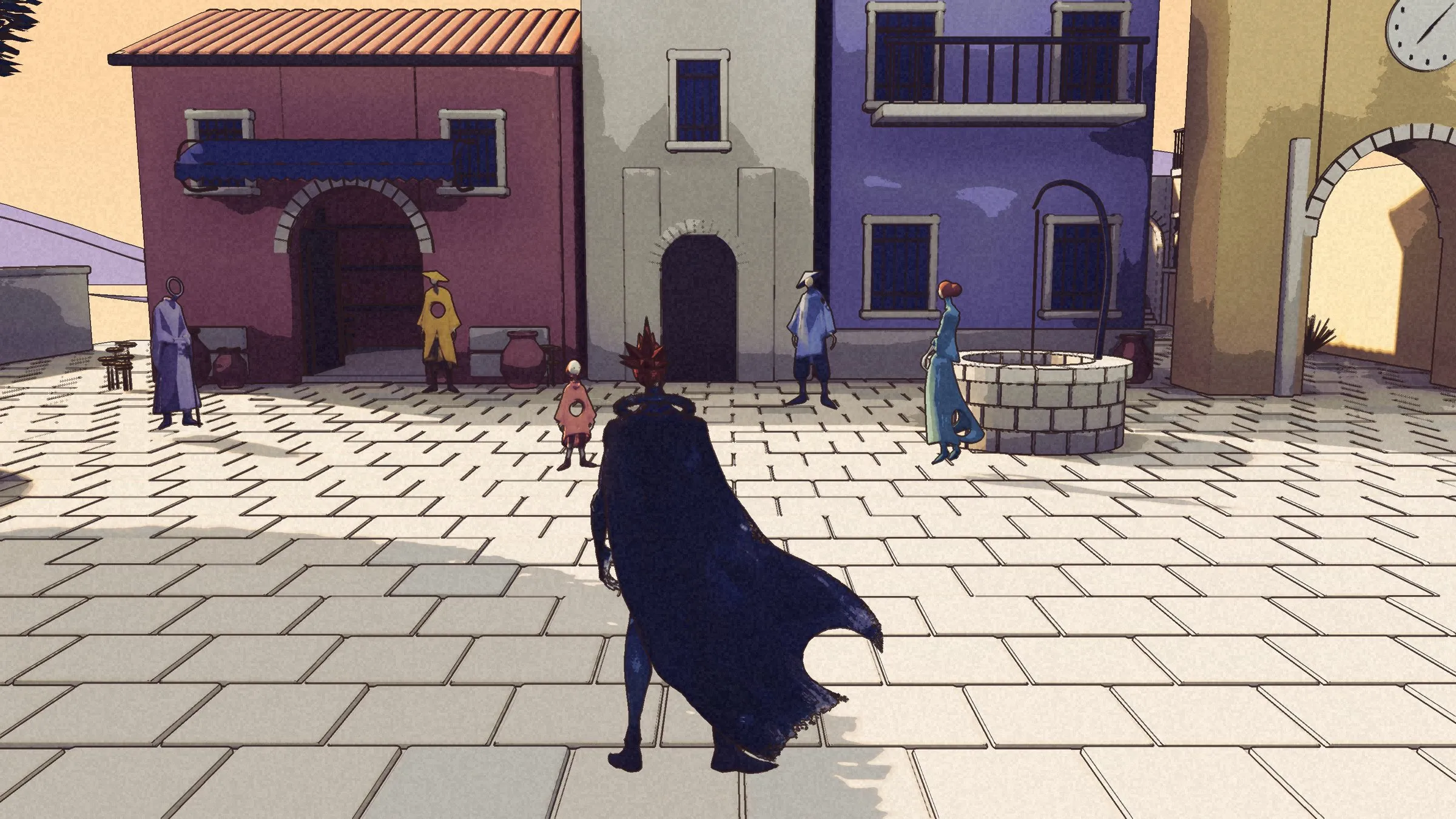 Kai walks into the Havenwood courtyard. Five townsfolk stand around the well and the shop, each a tall figure with a round void somewhere in their clothes.