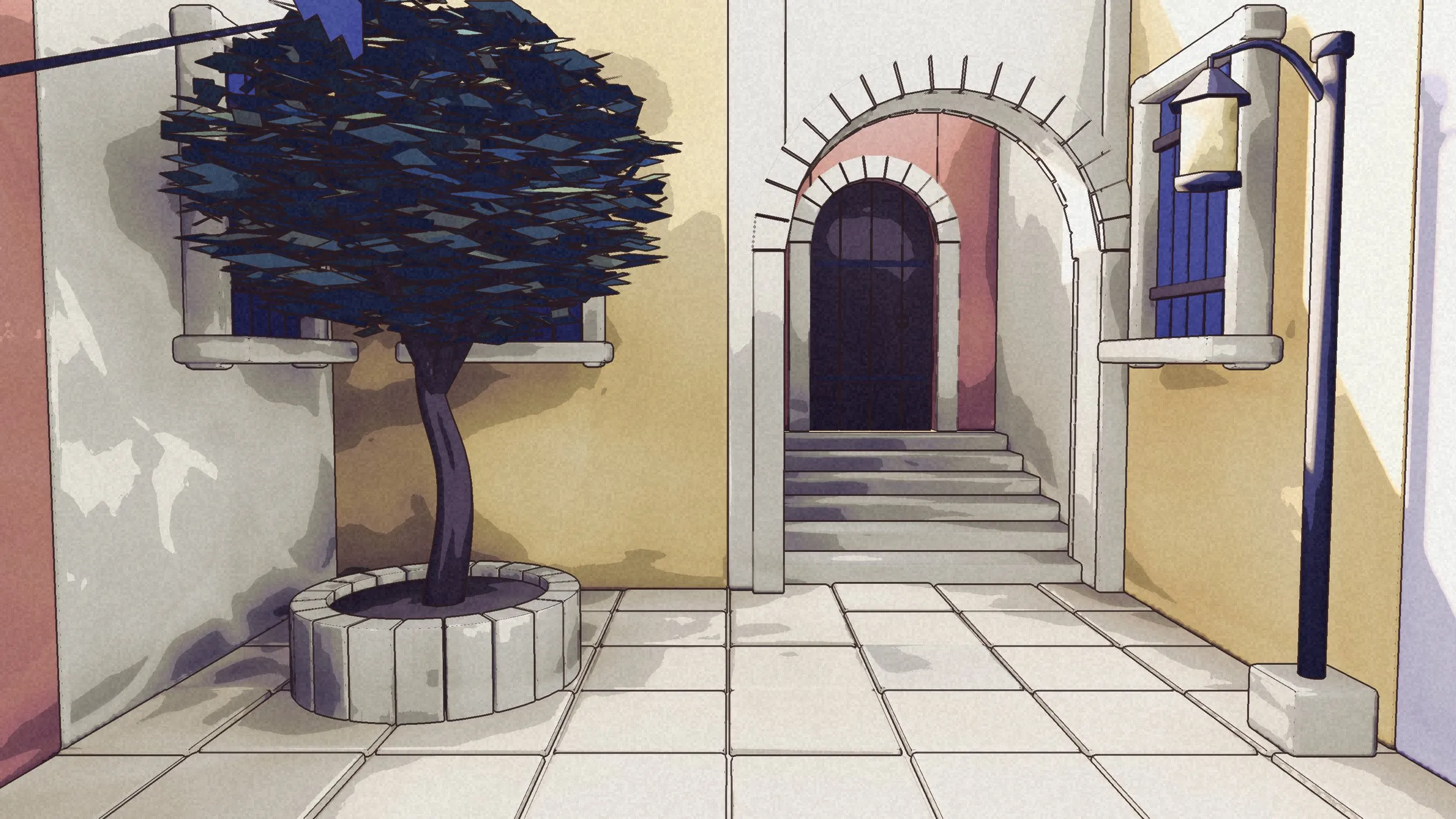The street: a tree in a stone planter, an arched door with steps, a lantern.