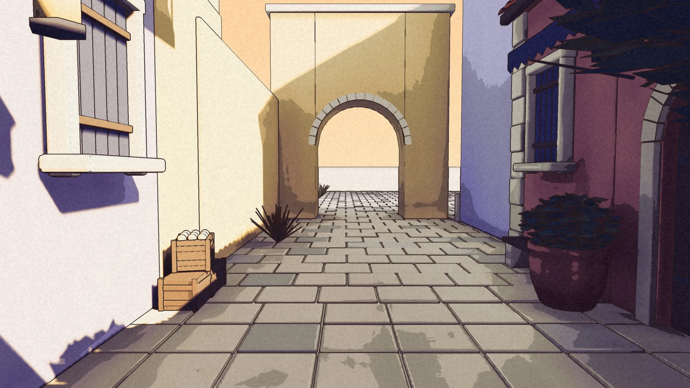 Looking back along the street toward the gate.