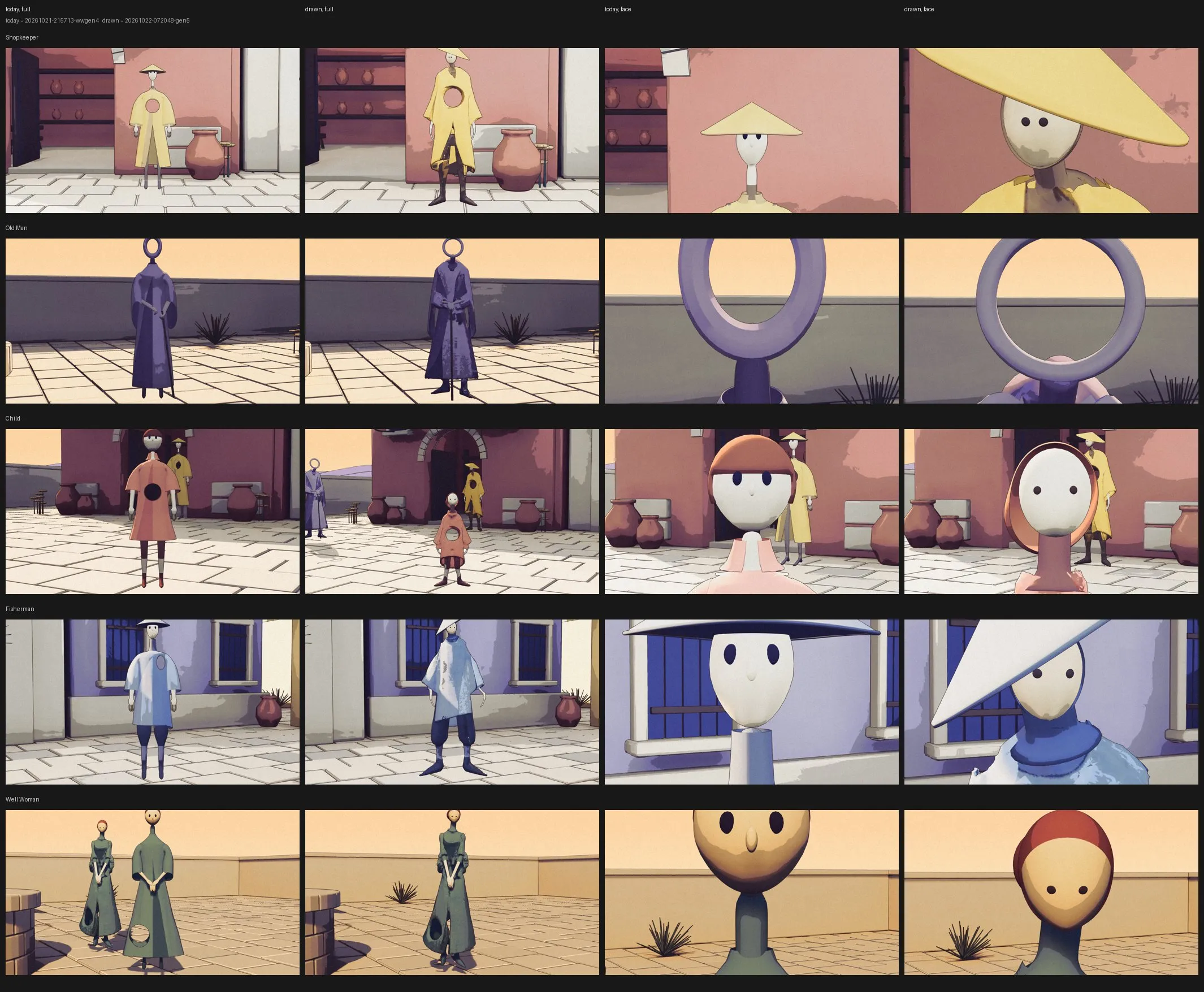 Sheet comparing the old and the drawn version of each resident, full and close.