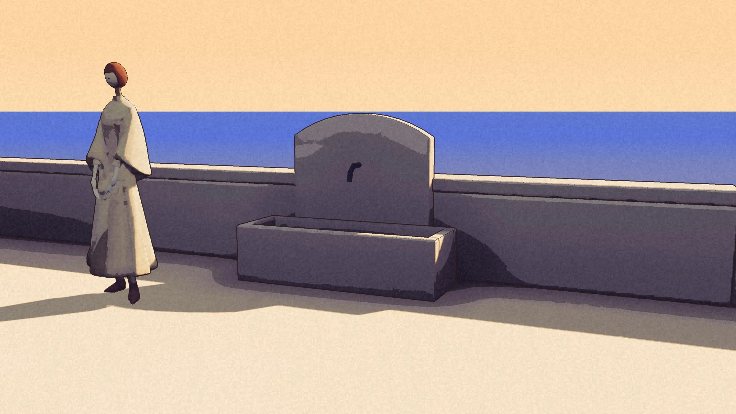 Anna standing by a stone fountain basin against the end parapet, the sea beyond.