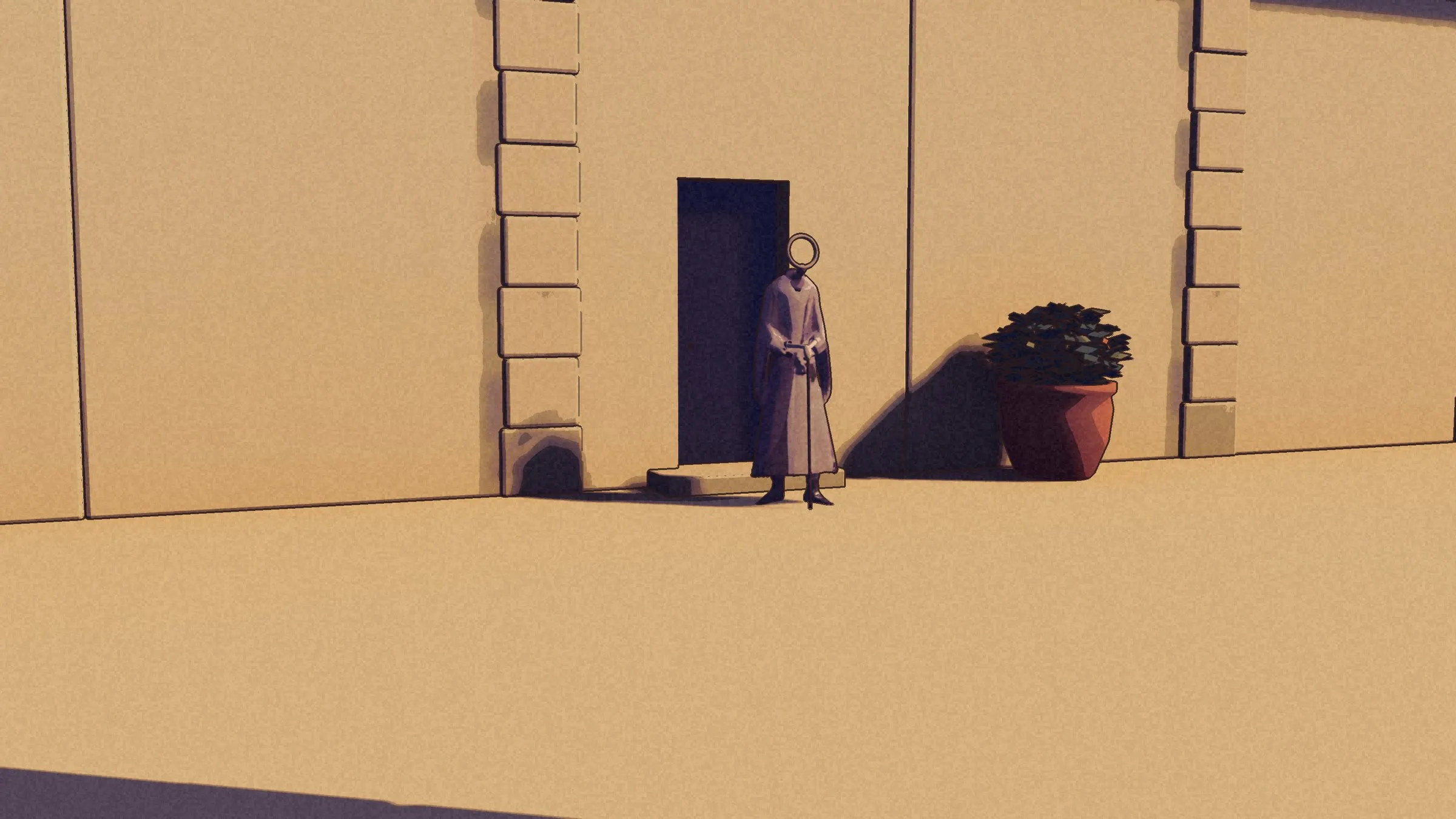 The Old Man with his cane at a dark doorway, a pot beside it.