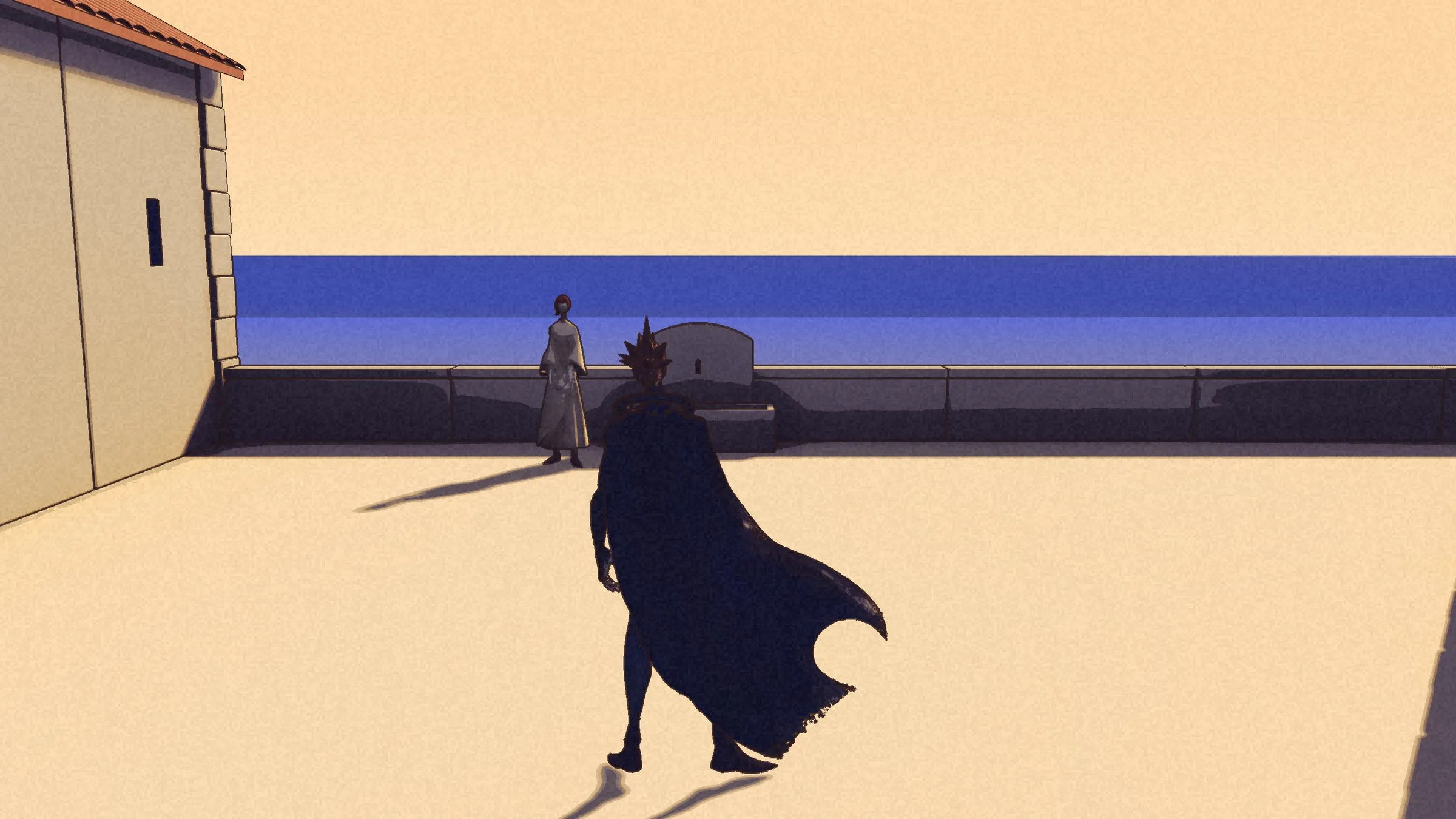 Kai walking toward the basin and Anna, the sea beyond the parapet.