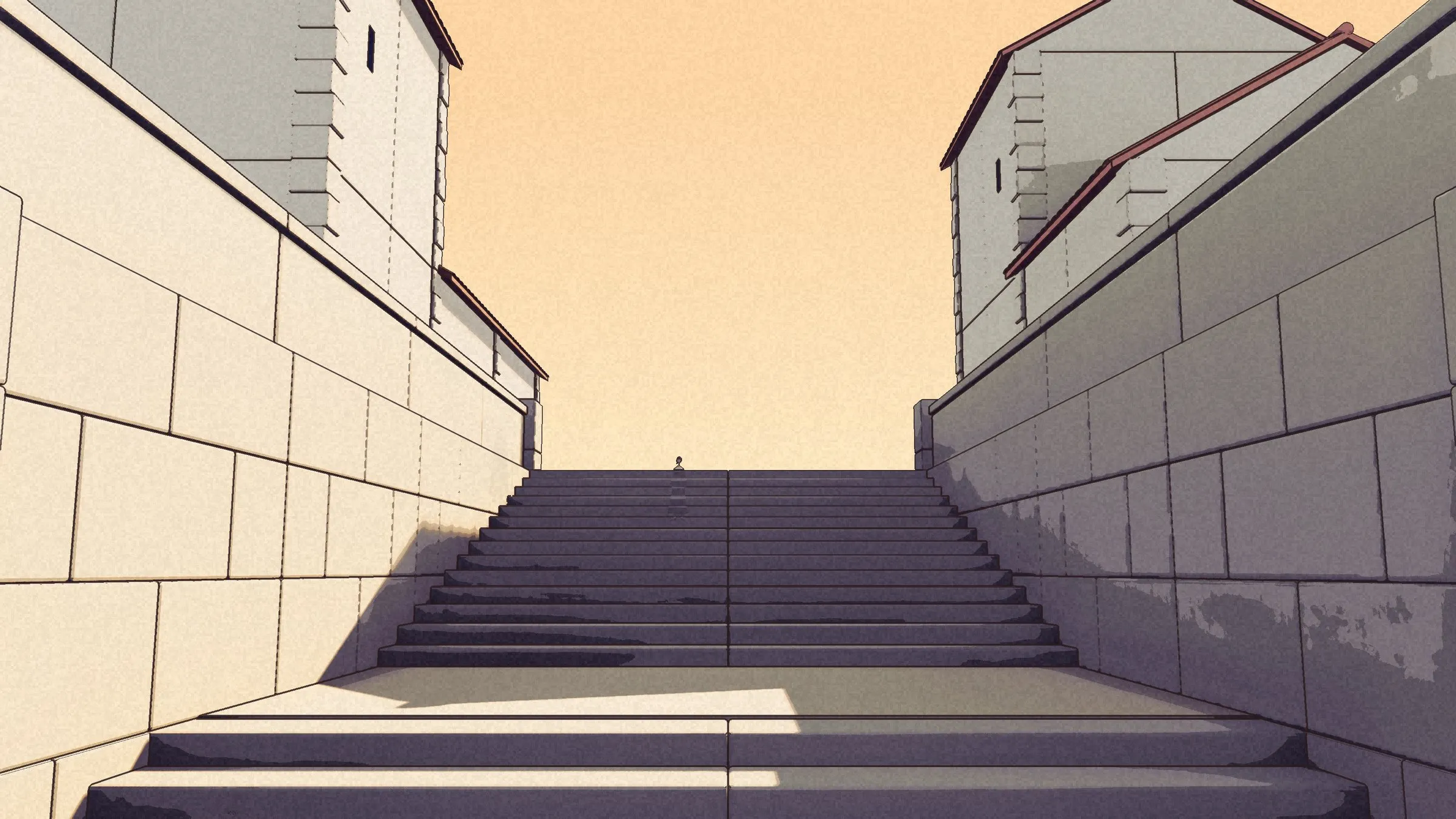 A long stair climbing between pale walls toward the village.
